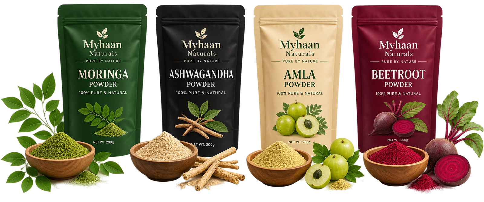 Private label pouches — Moringa, Ashwagandha, Amla and Beetroot powder